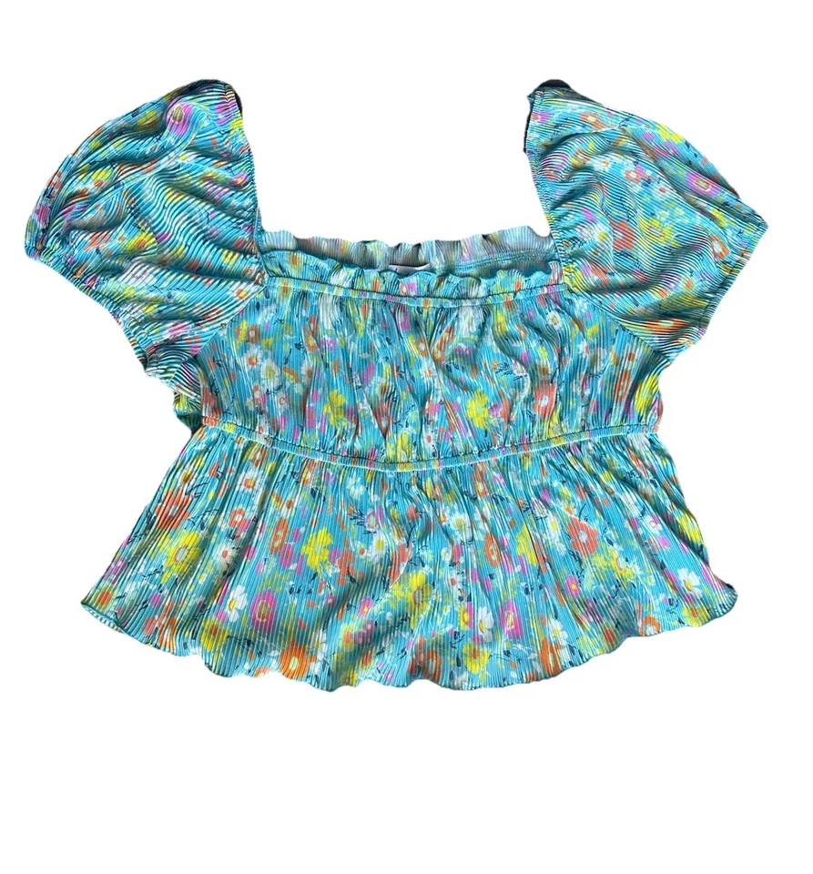 Women’s love fire Puff-Sleeve Square- Neck  XL Floral multicolor Blouse Y2k - Image 4 of 4