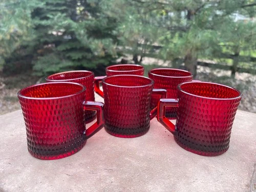 Set of 6 3" Vintage Ruby Red Pressed Glass Mugs
