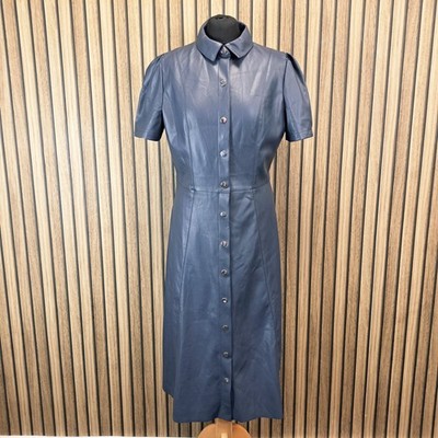 Sosandar Hemdblusenkleid PU Leder UK 14 Midi Länge Navy Blau Popper - Neu