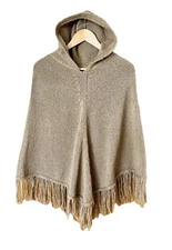 A.N.A. A NEW APPROACH Poncho Women's OSFM Camel Hooded Sweater Pullover Fringe