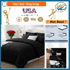 Queen Comforter Set Black 7 Pieces Bed in a Bag All Season Bedding
