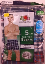 Fruit Of The Loom Men's 5 Tag Free Fashion Plaids Boxers Size S - New.      (70)