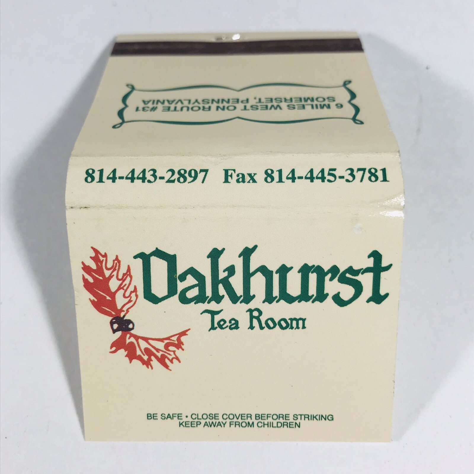 Vintage Oakhurst Tea Room Matchbook Somerset PA Unstruck Full 30 World Famous