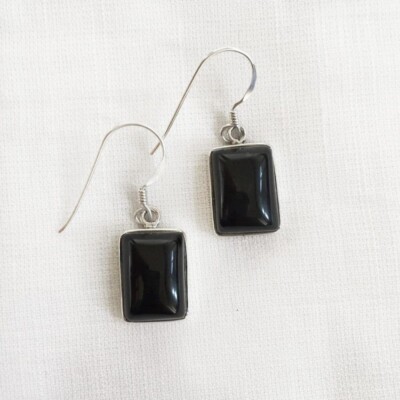 Natural Black Onyx Rectangle Shaped Stone Earrings 925 Silver Sterling Jewelry