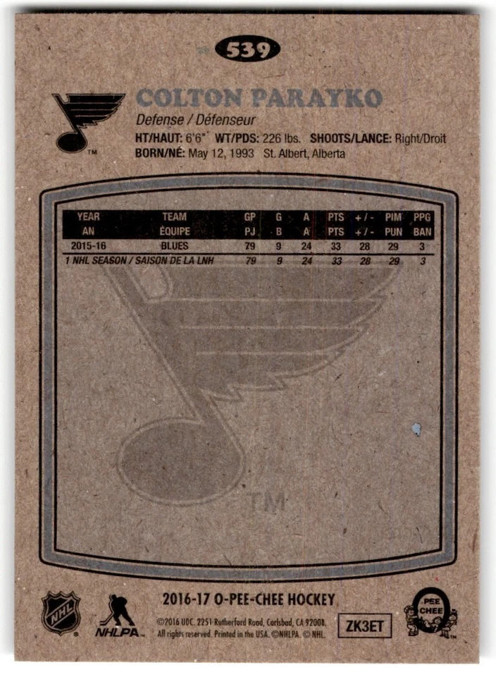 Colton Parayko 2016-17 O-Pee-Chee Retro #539 St. Louis Blues - Image 2 of 2