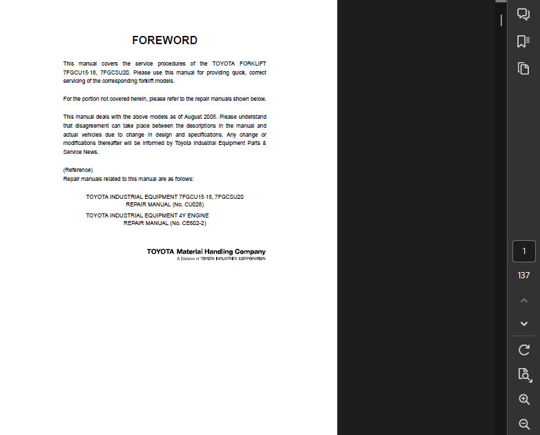 TOYOTA FORKLIFT 7FGCU18 SERVICE PARTS REPAIR SHOP MANUAL PDF FILE ON USB