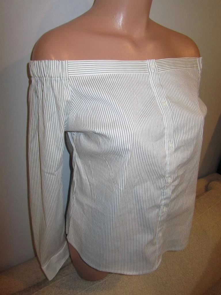 EXPRESS Off The Shoulder Top Striped Long Sleeve Dress Shirt