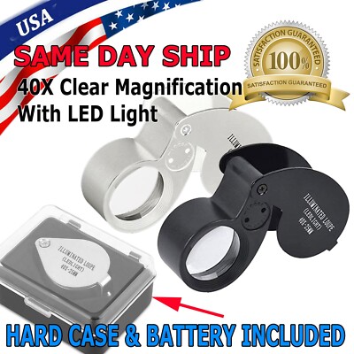 40X Magnifying Loupe Jewelry Eye Glass Magnifier LED Light Jewelers Loop Pocket