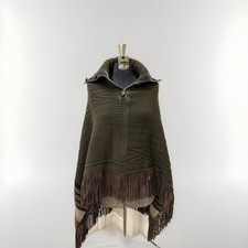 Etro Milano Women's One Size Forrest Green 100% Wool Leather Trim Poncho Cape