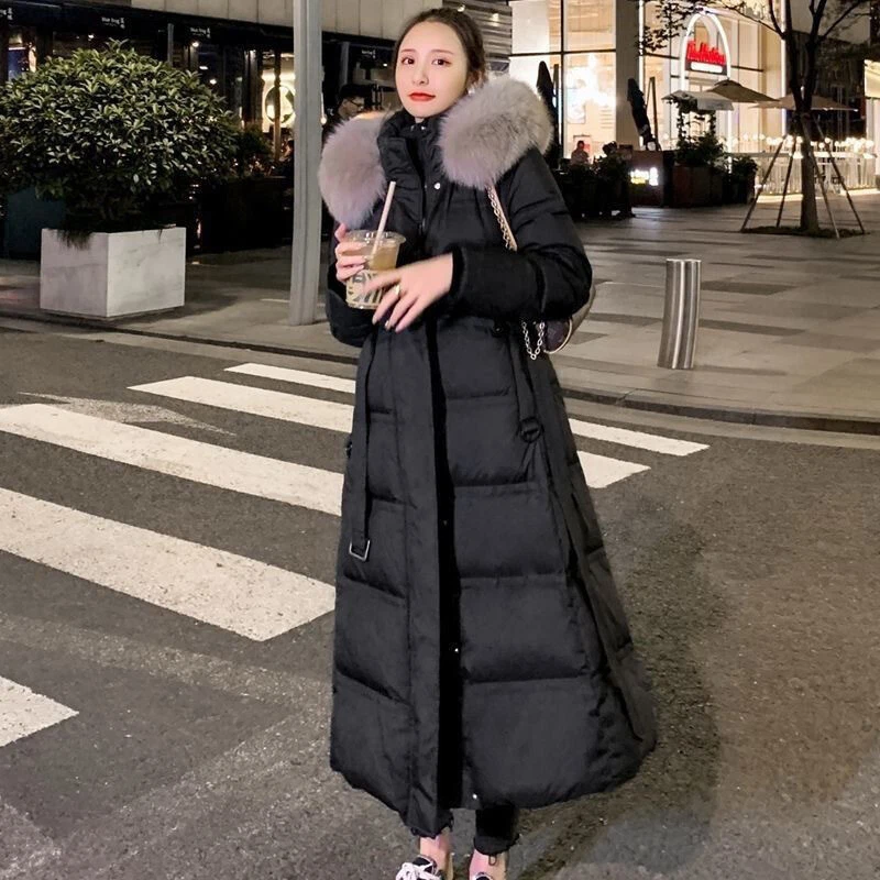 New Real Fox Fur Collar Down Jacket Women Slim Waist Long White Duck Down Jacket - Image 3 of 4