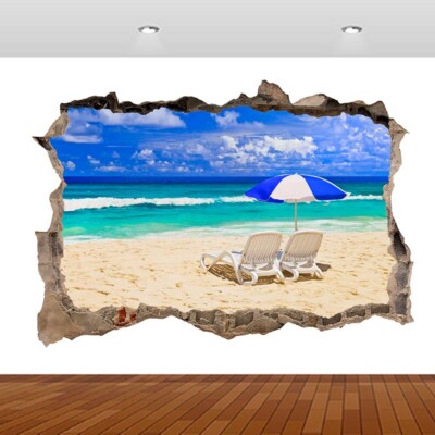 Natur Sandstrand tropische Sonne 3D zerschlagen Wandaufkleber Poster Vinyl Wandbild S518