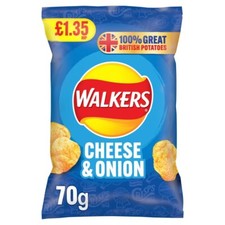 18 x Walkers Cheese & Onion Crisps 70g – £1.35 PMP Bags – Full Sealed Box