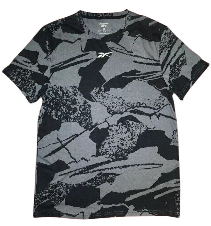 Reebok AOP Short Sleeve Tee Shirt Black & Gray Logo Mens Small