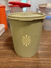 Vintage Tupperware Avocado Green yellow flower 7.5" 809-3 Made in USA with Lid