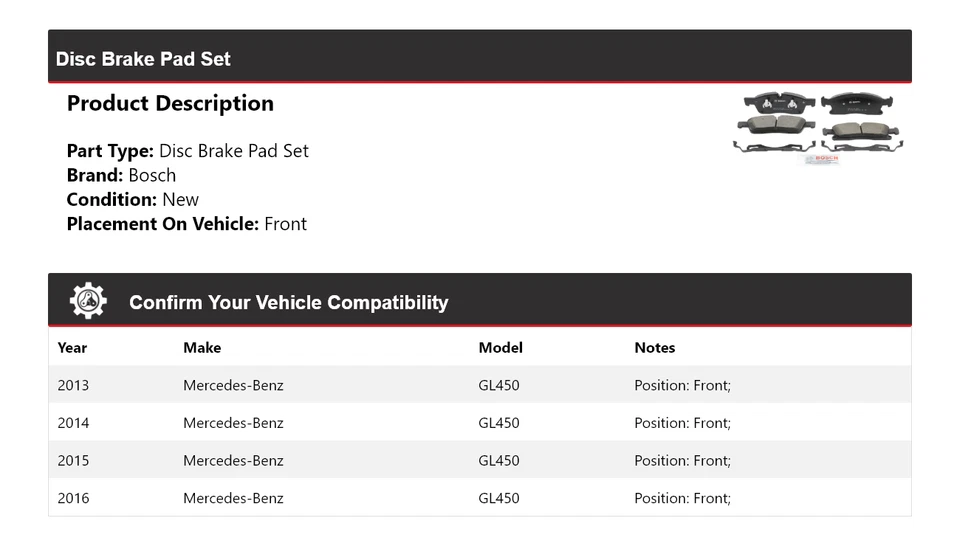 For 2013-2016 Mercedes GL450 Bosch QuietCast Ceramic Brake Pads Front 2014 2015 - Image 2 of 4