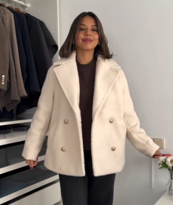 Zara Boucle Double Breasted Textured Coat Ecru White Cream Size XL