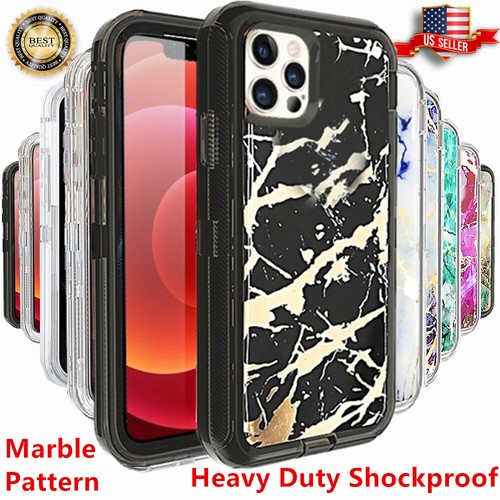 For iPhone 13 12 11 Pro Max XR Xs 6 7 8 Plus Marble Shockproof Defender Case  - Picture 1 of 13