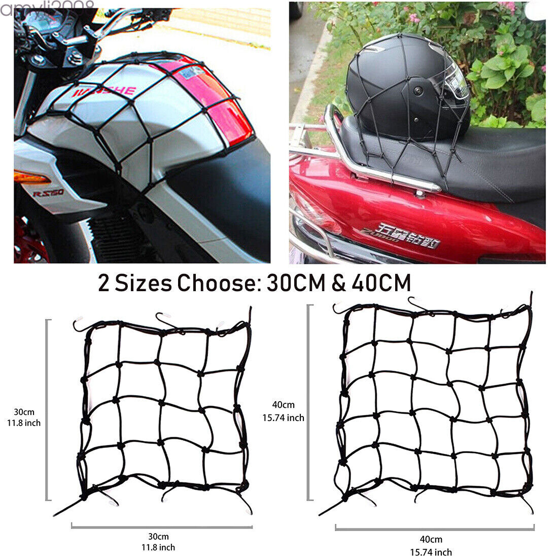 2Pcs Cargo Net Motorcycle Helmet Mesh Luggage Tie Down Bungee Cord 12*12in