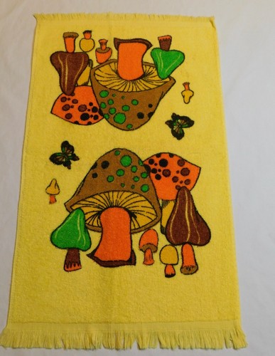 CANNON 25"x15" MUSHROOM HAND TOWEL NOS VTG 70s MCM PSYCHEDELIC USA YELLOW ORANGE - Picture 2 of 7