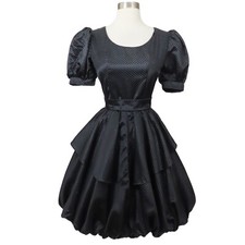 Vintage 80s Black Silver Dot Puff Sleeve Full Bubble Skirt Prom Party Dress S M