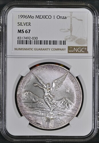 1996 Mo 1 Oz Silver Mexico Libertad NGC MS67. WITH TONING!!! NO RESERVE!!!