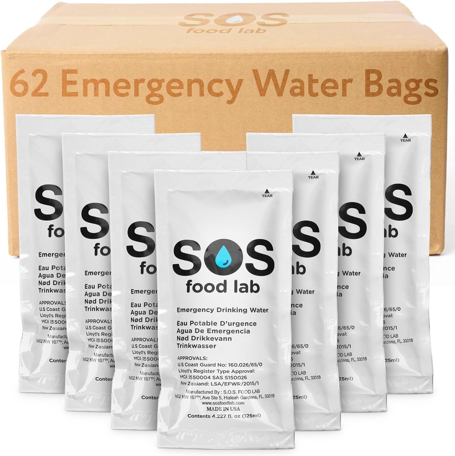 Durable Emergency Water Supply - 62 Portable 125ml Sachets with Survival Tips