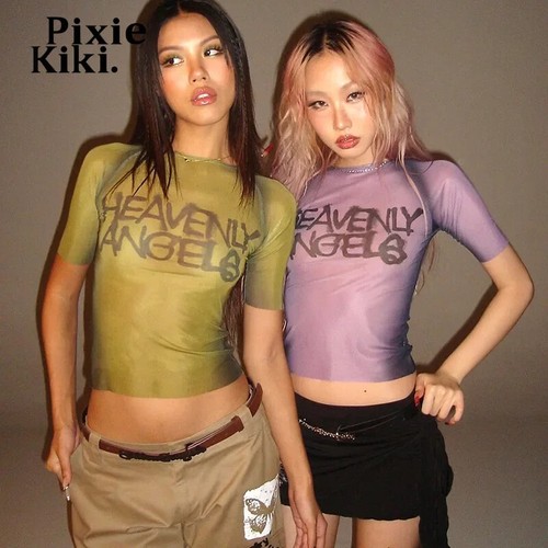 T-shirt corte PixieKiki Y2k moda stampa lettere maglia grafica trasparente - Foto 8 di 11
