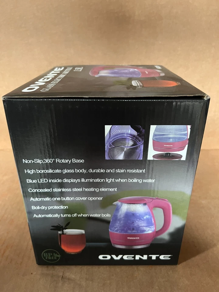 Hervidor de agua eléctrico portátil de vidrio Ovente con filtro 1,5 L fucsia KG83F Foto 3 de 4