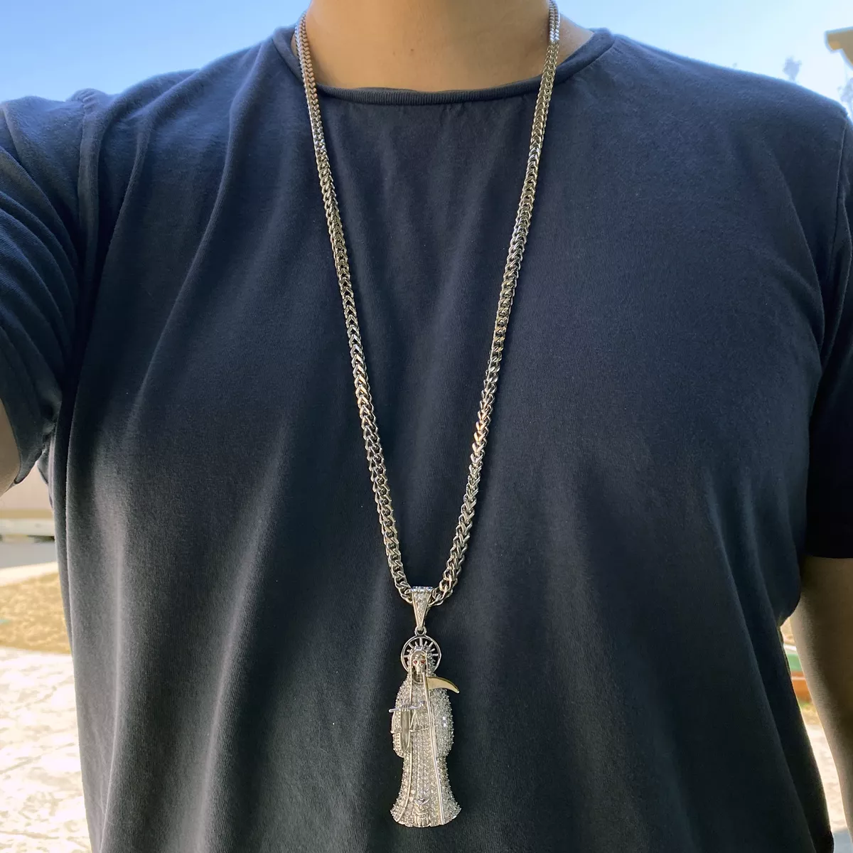 Santa Muerte Pendant Cadena 3.5&#034; w/Stainless Steel Franco Chain Necklace 36&#034; |