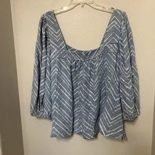 Caslon Chambray Chevron Denim Boho Blouse Top Women's XXL square neck Cottage
