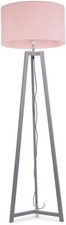 Image of Grey Wooden Tripod Floor Lamp Blush Pink Drum Shade LED Light
