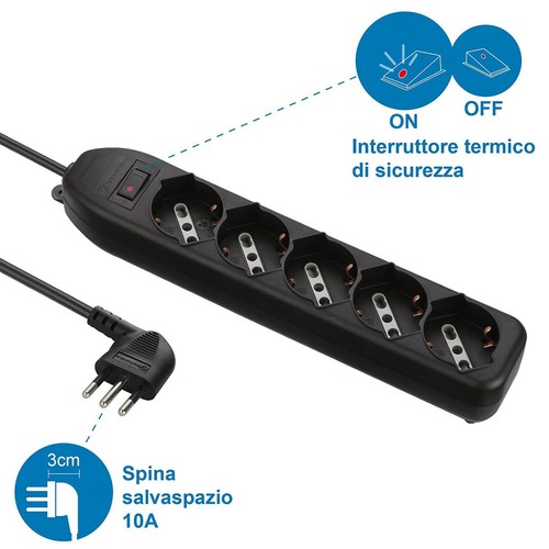 Steckdosenleiste schwarz 5-fach Universal mit Sicherheitsschalter 10A Stecker - Bild 3 von 5