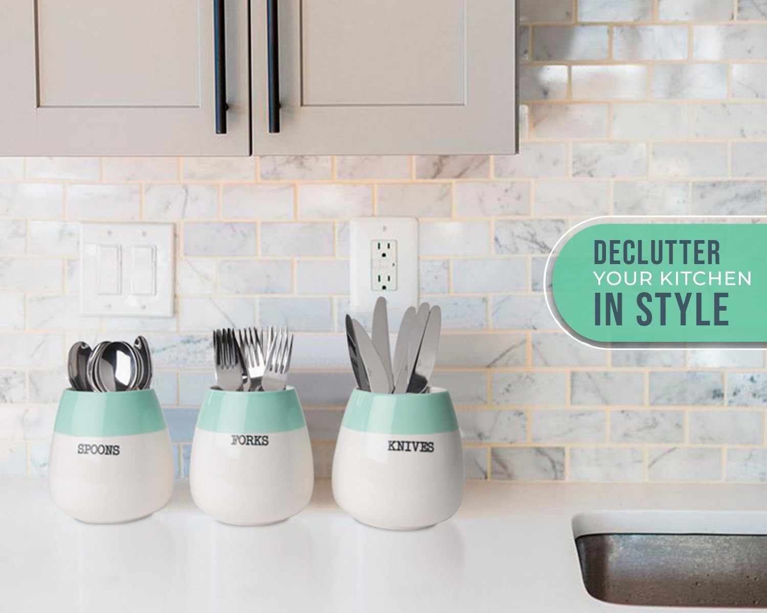 Ceramic "Honeypot" Cutlery Holder - Set of 3 - Farmhouse Silverware Caddy for...