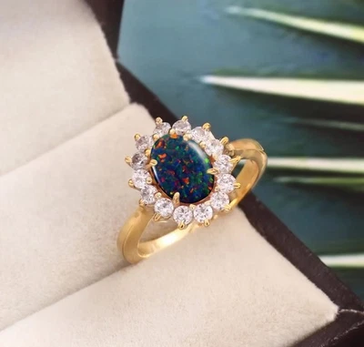 4,50 Karat Natürlich Schwarzer Opal Moissanite Halo 925 Silber Vergoldet Ring - Bild 1 von 2