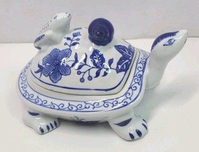 Formalities by Baum Bros Turtle Tortoise trinket box Blue White Shell Frog lid