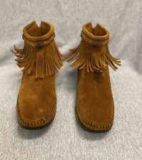 Minnetonka Concho Suede Fringe Braided Leather Moccasin Boots Brown Size 10