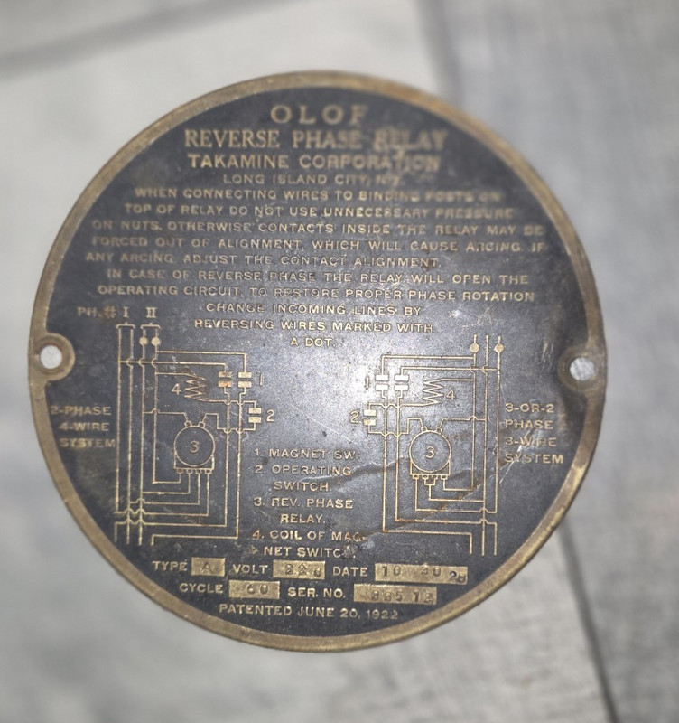 Antique Elevator Reverse Phase Relay Brass Cover Plate "1926"  Otis
