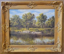 VINTAGE PAINTING..BEAUTIFUL TEXAS LANDSCAPE OAKS,POND RIVER BY AUDREY MONTGOMERY