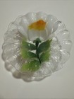 Lovely Fused Glass Bowl Ruffled Edge White Flowers & Green Leaves Signed — photo 2