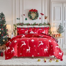 Christmas Bed in a Bag 7 Pieces Queen, White Deer and Snowflake on Red Design...