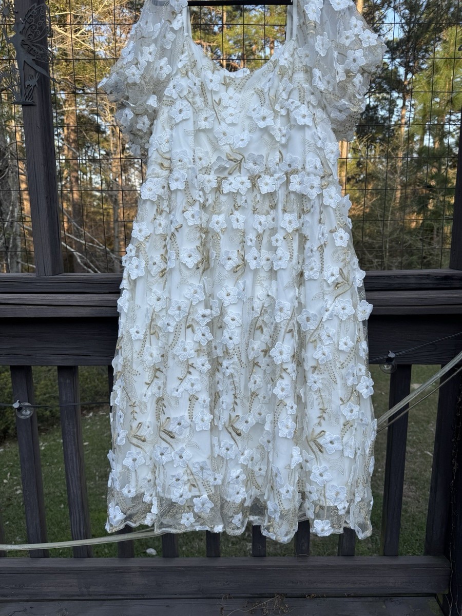 Anewsta White Gold Floral Embroidered Mesh Midi Dress Puff Sleeve 3XL SHEIN  | eBay