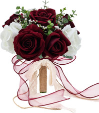 9in Wedding Bouquets for Bride Bridesmaid, Burgundy  White Artificial Roses Flo