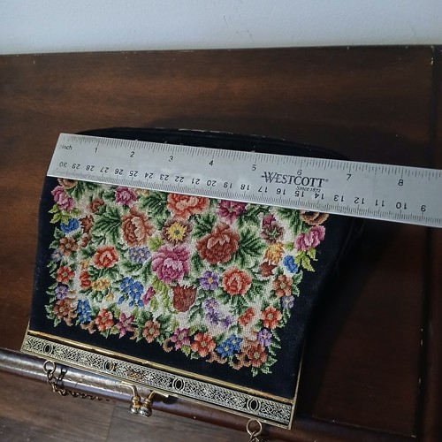 Vintage Floral Petit Point Needlepoint Purse Tapestry Long Chain Silk Lining - Picture 10 of 11