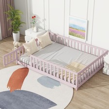 Pink Rubber Wood Toddler Bed with Safety Guardrail  Door