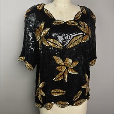 Vintage Black Gold Silk Sequin Disco 70s 80s Blouse Top Medium Large