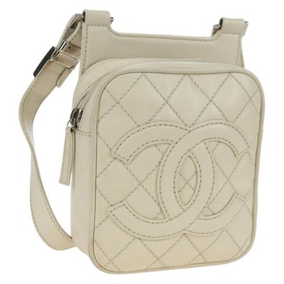 CHANEL Matelasse Shoulder Bag Grained Calf Skin Ivory Gold CC Auth BA12379V