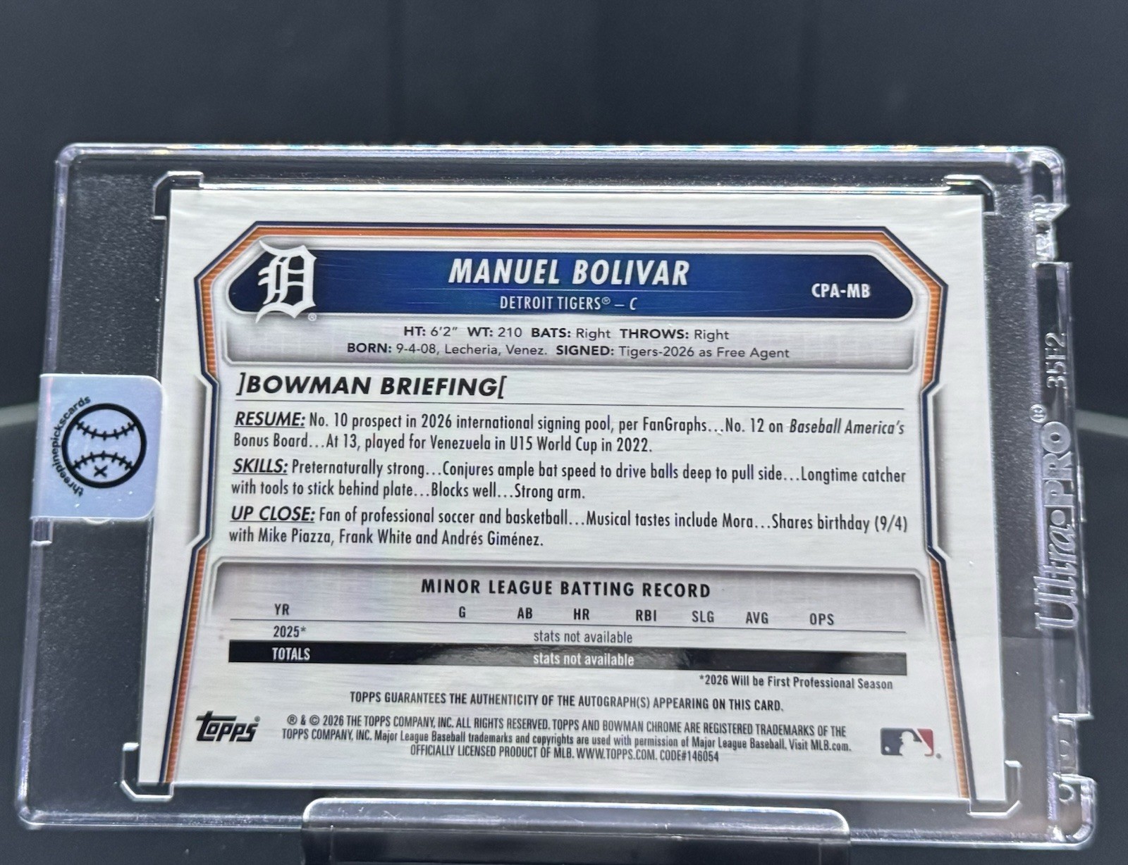 2026 Bowman Chrome Sparkle Refractor Auto 151/299-Manuel Bolivar-#CPAMB view 2
