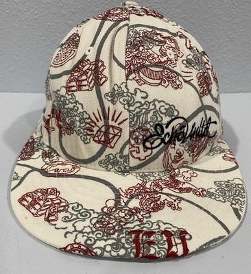 Ecko Unltd Hat Cap Fitted Mens 7-1/4 Off White Graffiti Dragon Dollar Signs VTG 