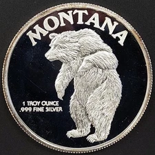 1989 Montana Statehood Centennial, Grizzly Bear 1 Tr. Oz .999 Fine Silver round!