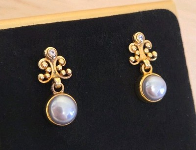 18 Karat Gold auf Sterlingsilber graue Perle CZ Ohrhänger Schnörkel Ohrringe Thailand 